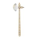 A split pearl bi-colour axe brooch.Length 5.3cms.