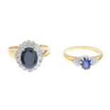 Two 9ct gold sapphire and diamond cluster rings.Estimated total diamond weight 0.25ct.