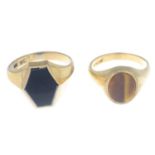 Two 9ct gold onyx and tiger's-eye signet rings.Hallmarks for 9ct gold, one partially indistinct.