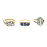 9ct gold opal and emerald dress ring, hallmarks for 9ct gold, ring size K, 2.6gms.