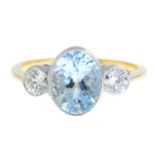 An aquamarine and brilliant-cut diamond three-stone ring.Aquamarine weight 2.25cts.Estimated total