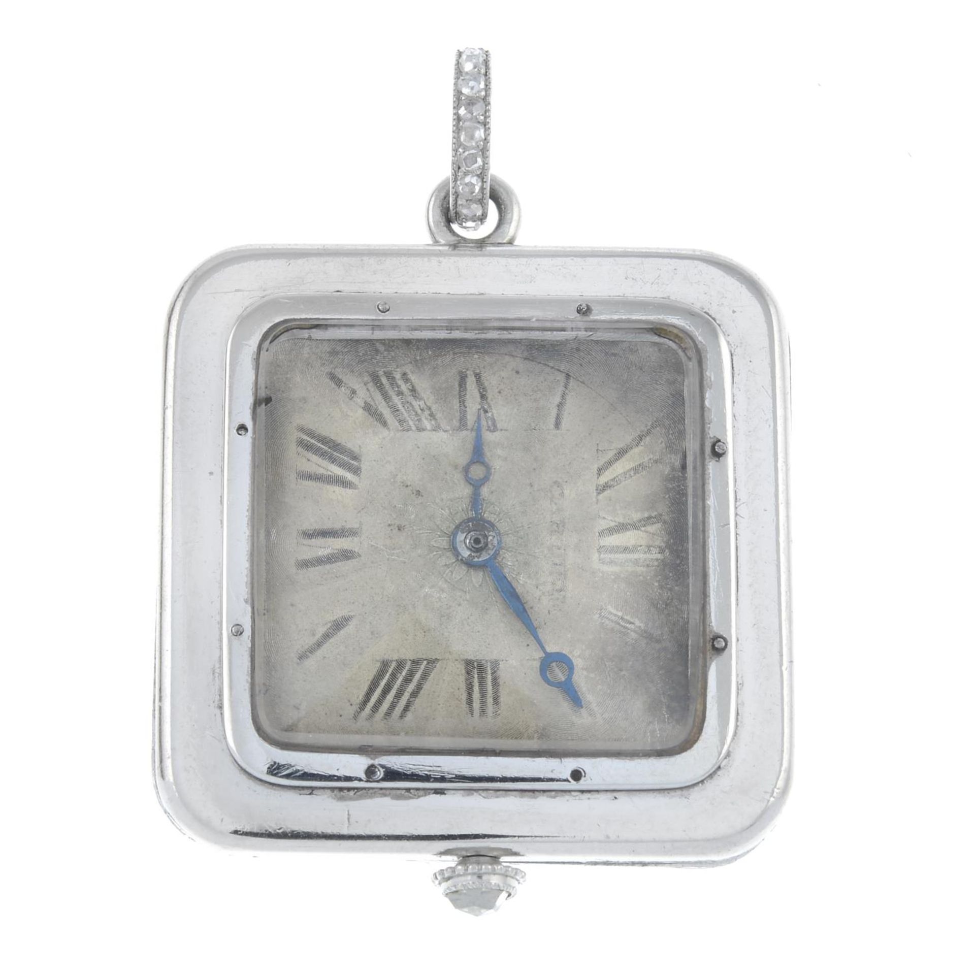 An Art Deco platinum pendant watch, with rose-cut diamond monogram and highlights, by Cartier. - Bild 4 aus 4