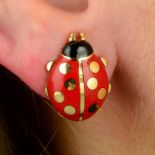 A pair of 18ct gold enamel ladybird earrings, by Cartier.Swiss convention marks.