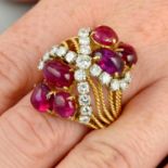 A Burmese ruby cabochon and diamond dress ring.With report 79234-51,