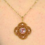 An Edwardian 18ct gold pink tourmaline and seed pearl pendant,