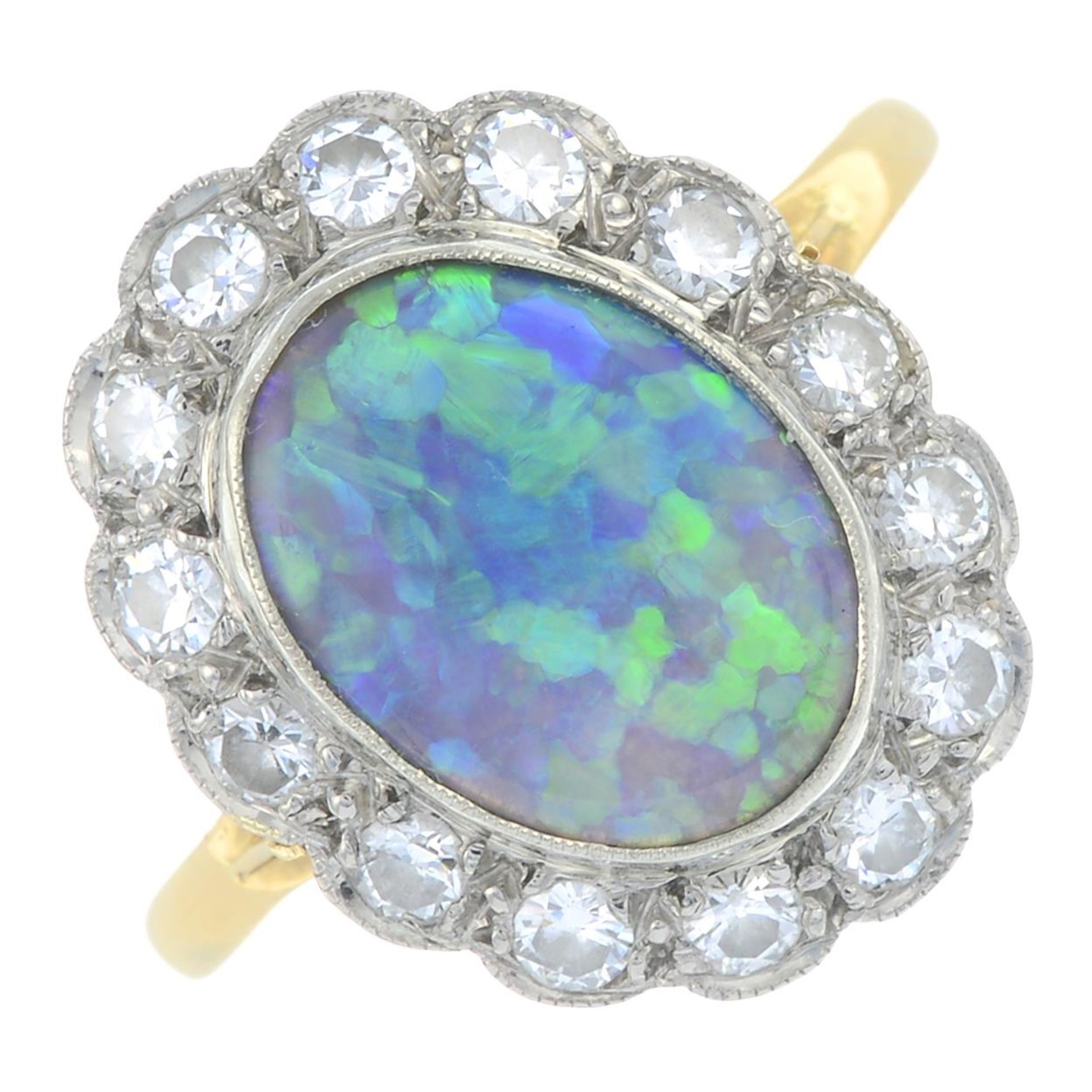 A mid 20th century 18ct gold black opal and brilliant-cut diamond cluster ring.Opal calculated - Bild 2 aus 5