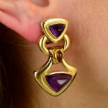 A pair of amethyst and citrine cabochon articulated earrings.Stamped 750.