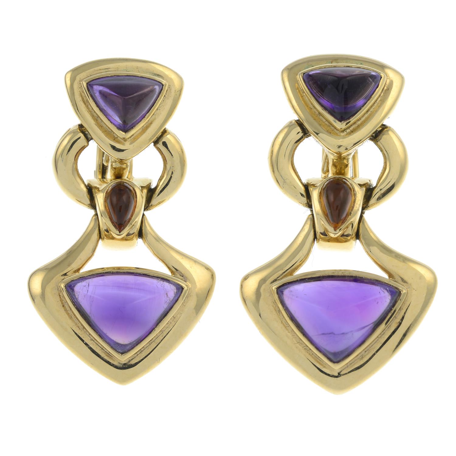 A pair of amethyst and citrine cabochon articulated earrings.Stamped 750. - Image 2 of 3