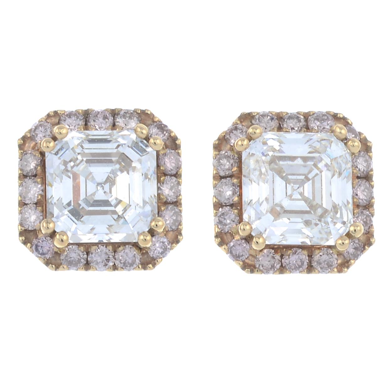 A pair of 18ct gold square-shape diamond and brilliant-cut 'pink' diamond cluster earrings. - Image 2 of 3