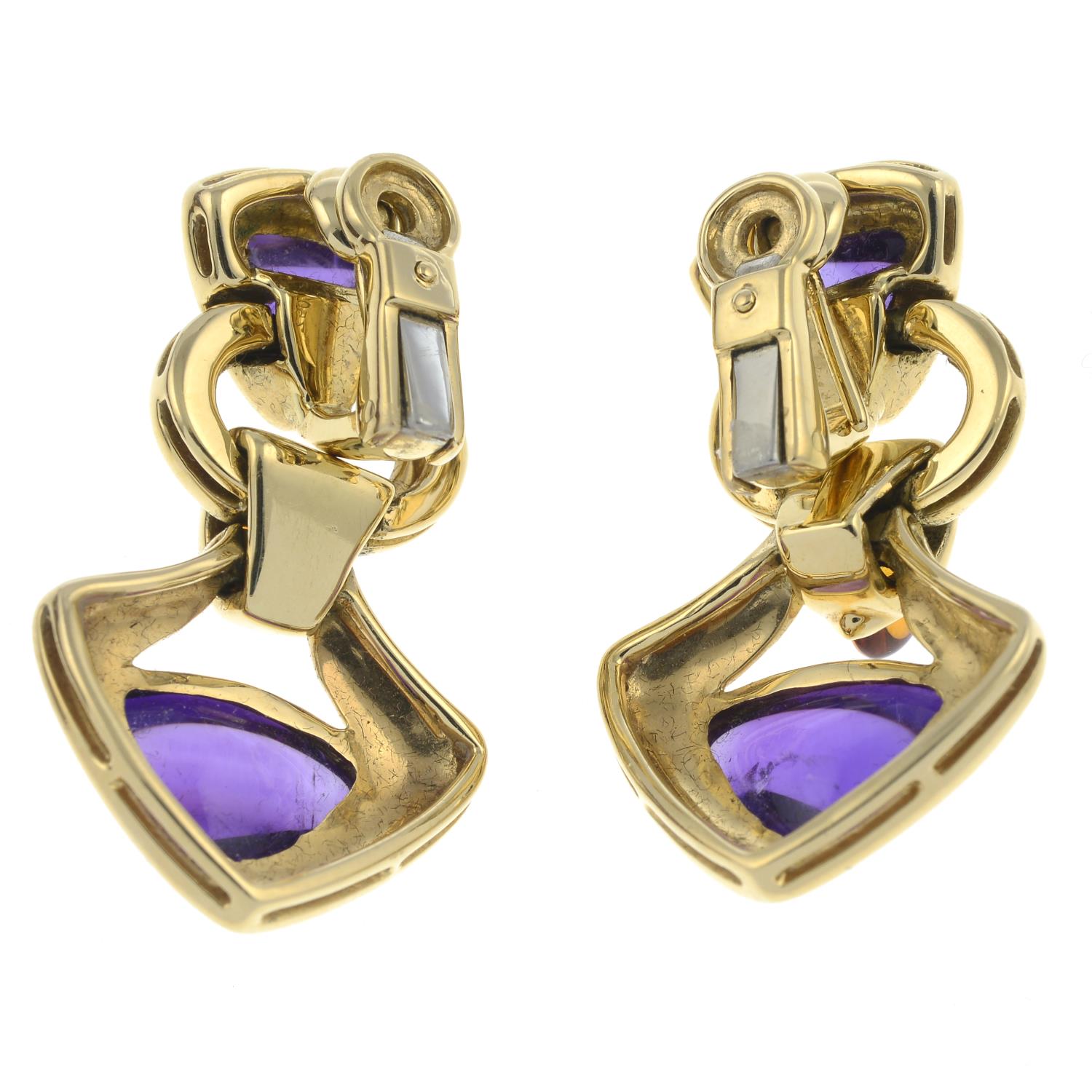 A pair of amethyst and citrine cabochon articulated earrings.Stamped 750. - Image 3 of 3