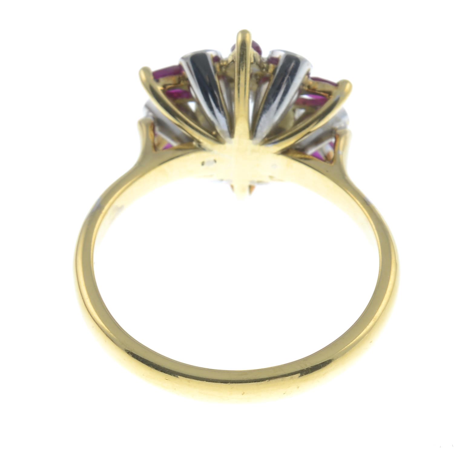 An 18ct gold old-cut diamond, ruby and brilliant-cut diamond floral cluster ring. - Image 2 of 7