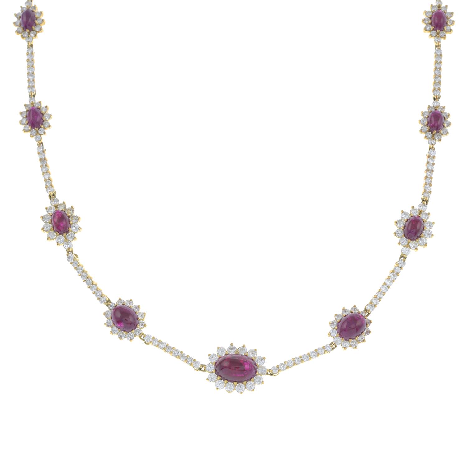 A Burmese ruby cabochon and diamond cluster necklace. - Image 2 of 7