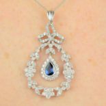 A sapphire and brilliant-cut diamond floral garland and bow pendant.Sapphire weight 0.70ct,