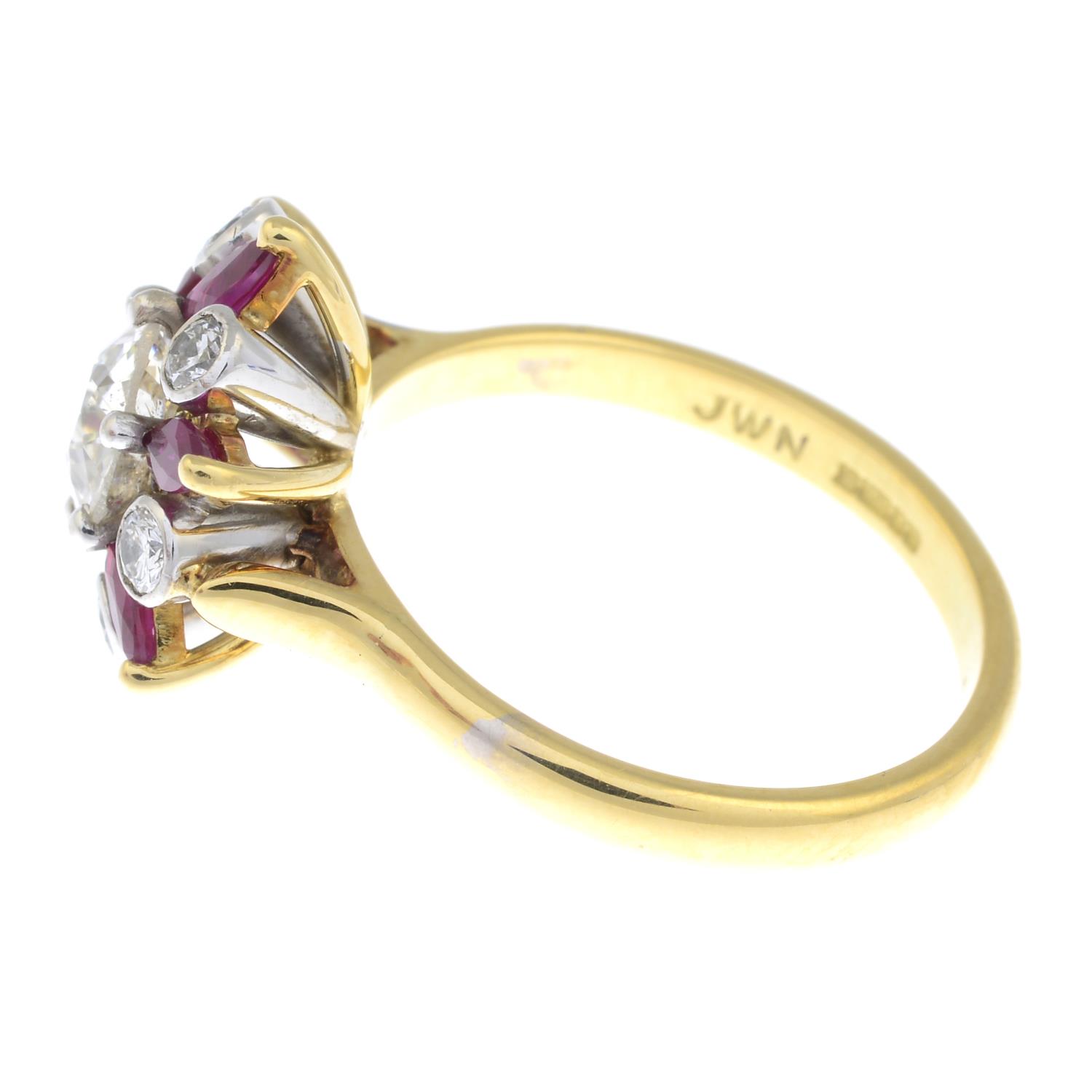 An 18ct gold old-cut diamond, ruby and brilliant-cut diamond floral cluster ring. - Image 5 of 7