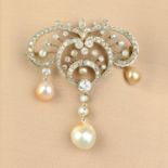 An early 20th century natural pearl and vari-cut diamond openwork brooch.