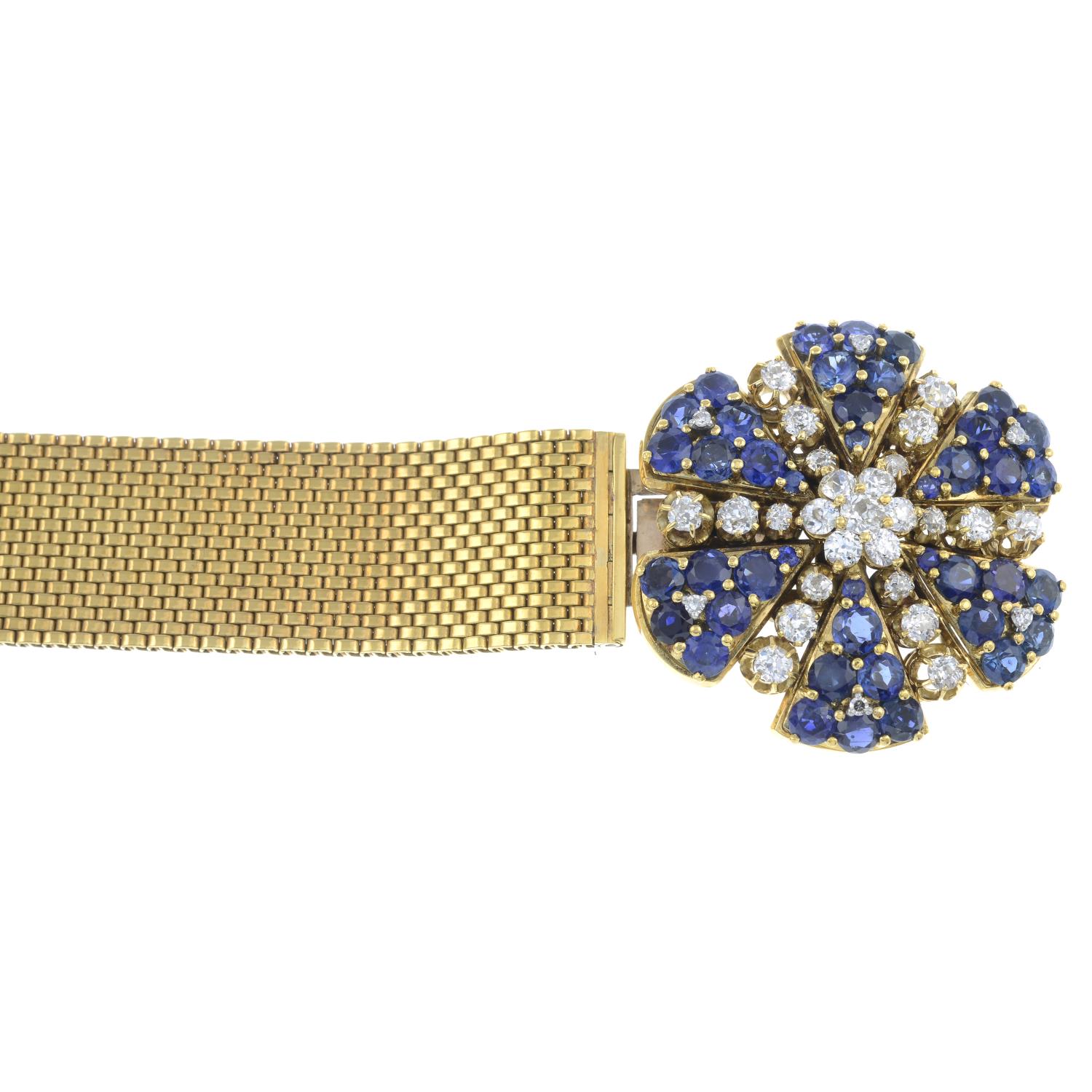 A mid 20th century old-cut diamond and sapphire floral bracelet.Central cluster detachable, - Image 2 of 4