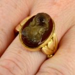 A 19th century 18ct gold hardstone cameo ring, carved to depict Athena.Stamped 18.