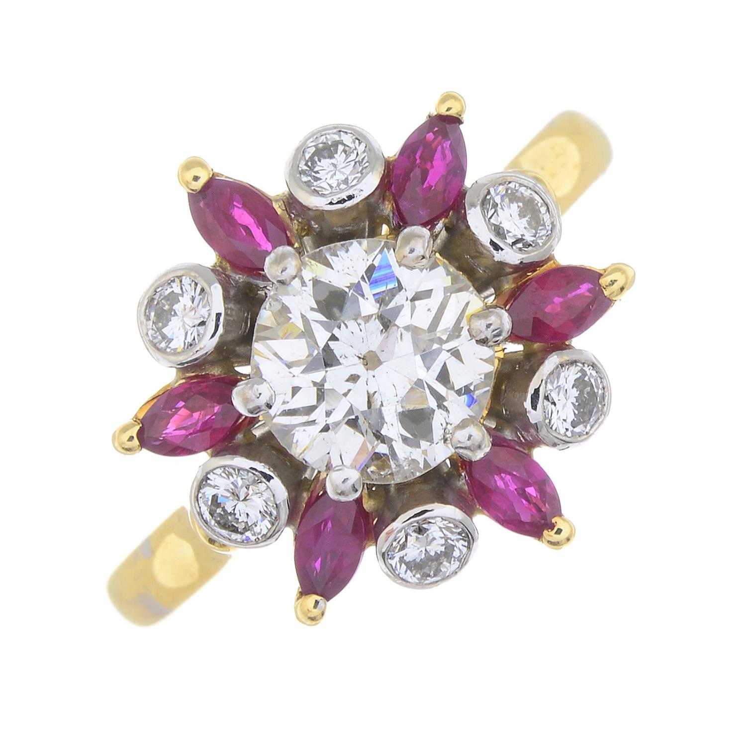 An 18ct gold old-cut diamond, ruby and brilliant-cut diamond floral cluster ring. - Image 7 of 7