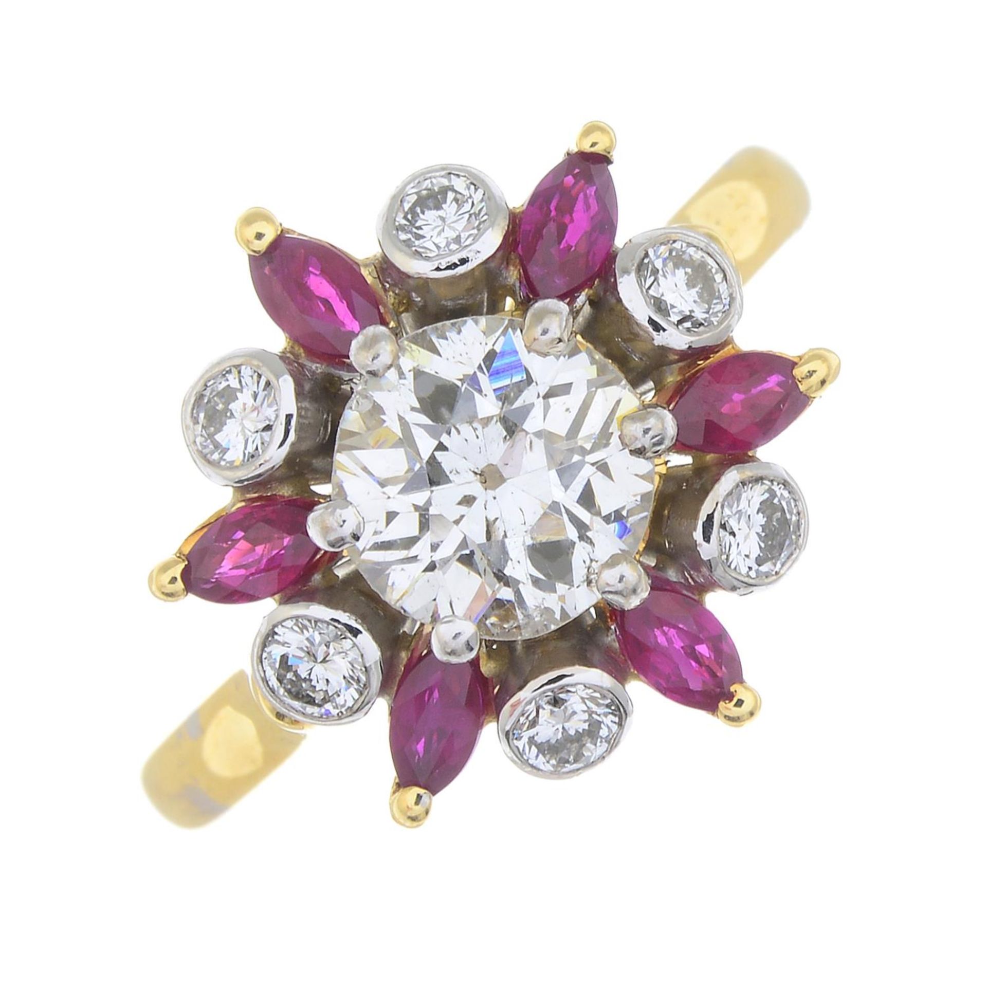 An 18ct gold old-cut diamond, ruby and brilliant-cut diamond floral cluster ring. - Bild 7 aus 7