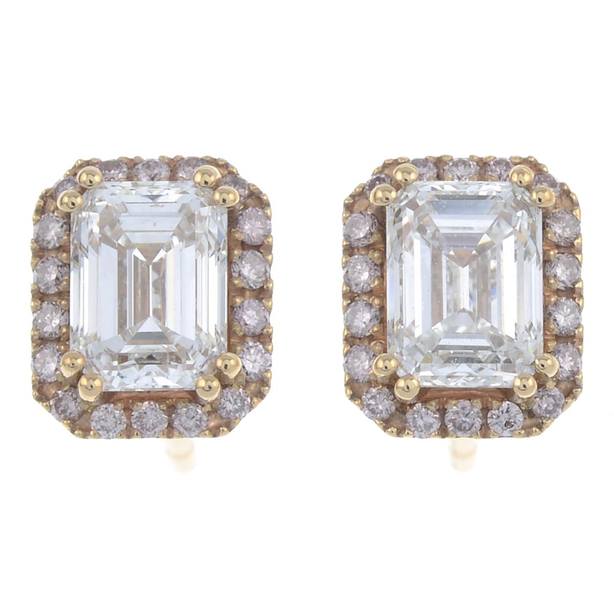 A pair of 18ct gold rectangular-shape diamond and brilliant-cut 'pink' diamond cluster earrings. - Image 2 of 3