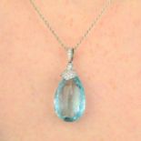 An aquamarine briolette and pave-set diamond pendant, with chain.