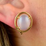 A pair of moonstone cabochon earrings, by Tiffany & Co.Length 1.7cms.