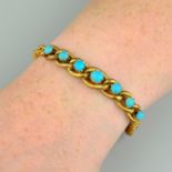 A late Victorian 18ct gold turquoise, textured and graduated curb-link bracelet.Stamped 18ct.