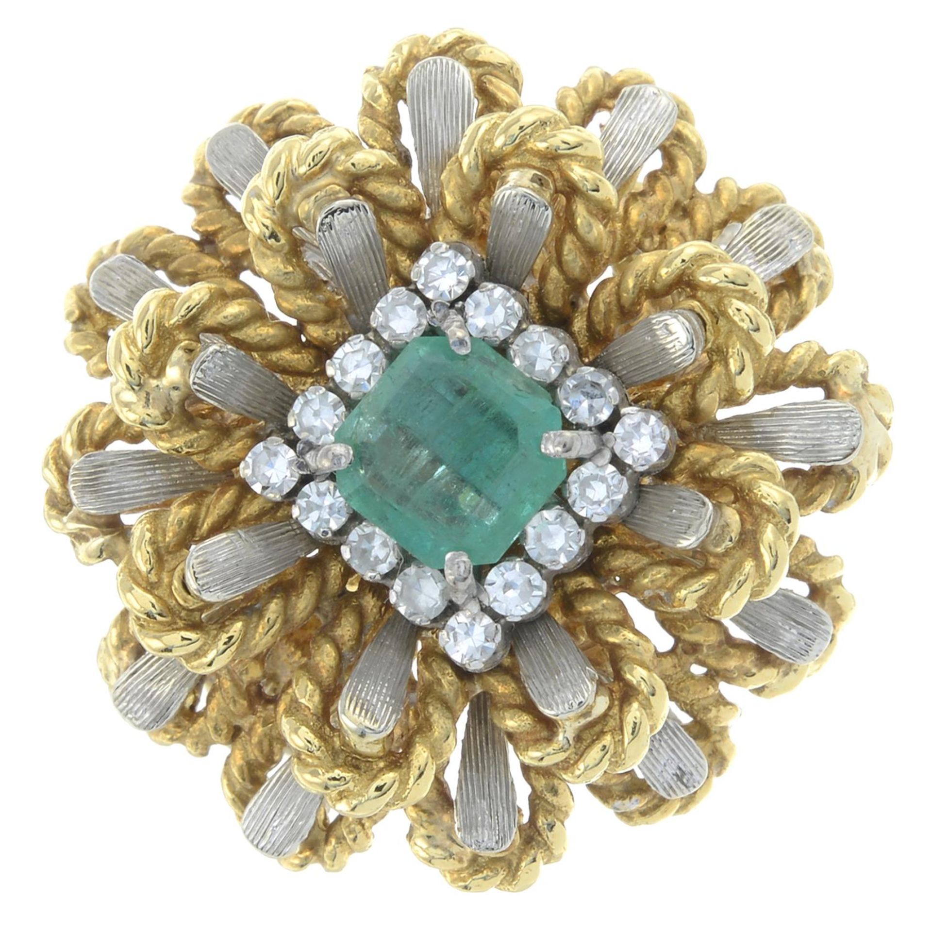 A mid 20th century emerald and diamond bi-colour floral cluster ring. - Image 2 of 5