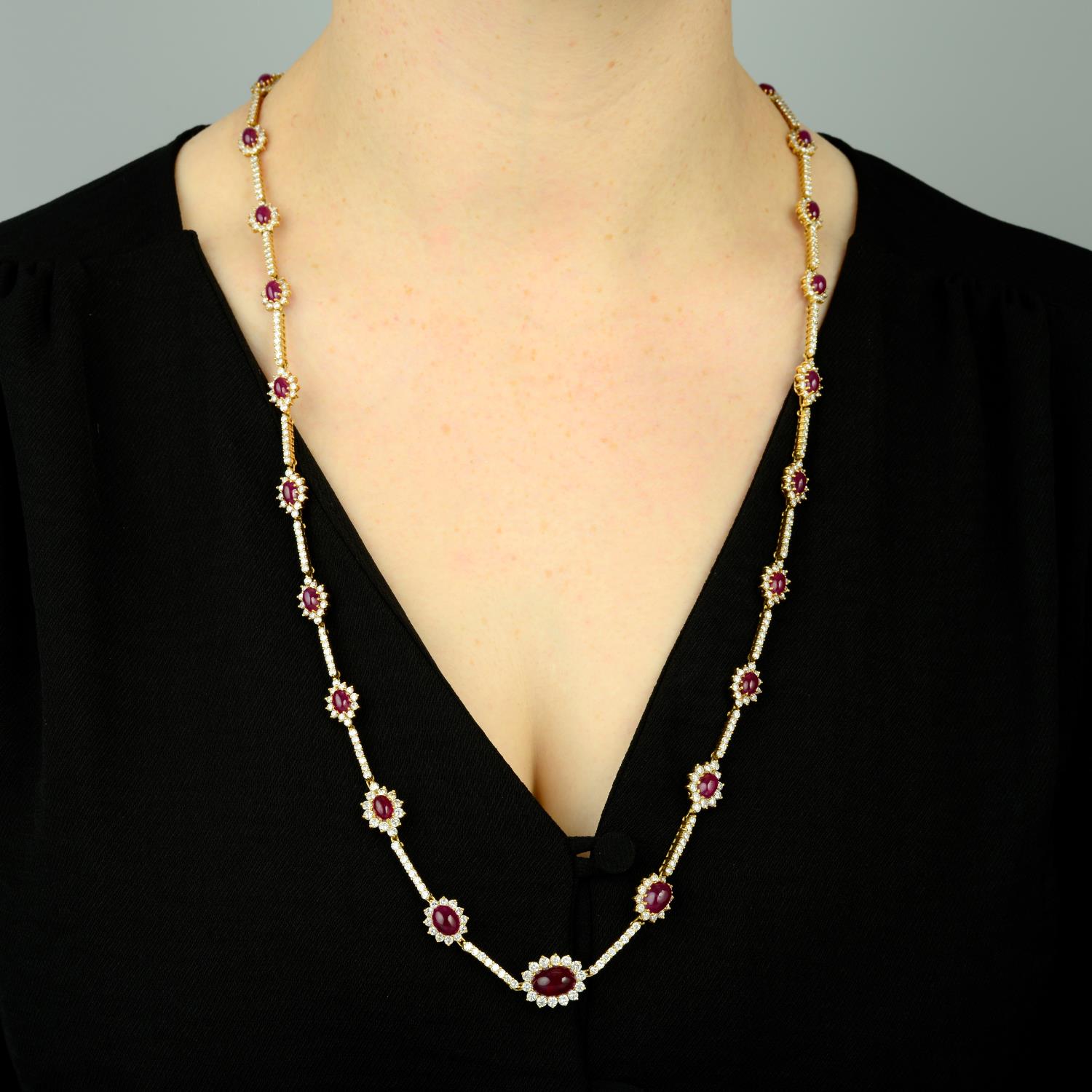 A Burmese ruby cabochon and diamond cluster necklace. - Image 3 of 7