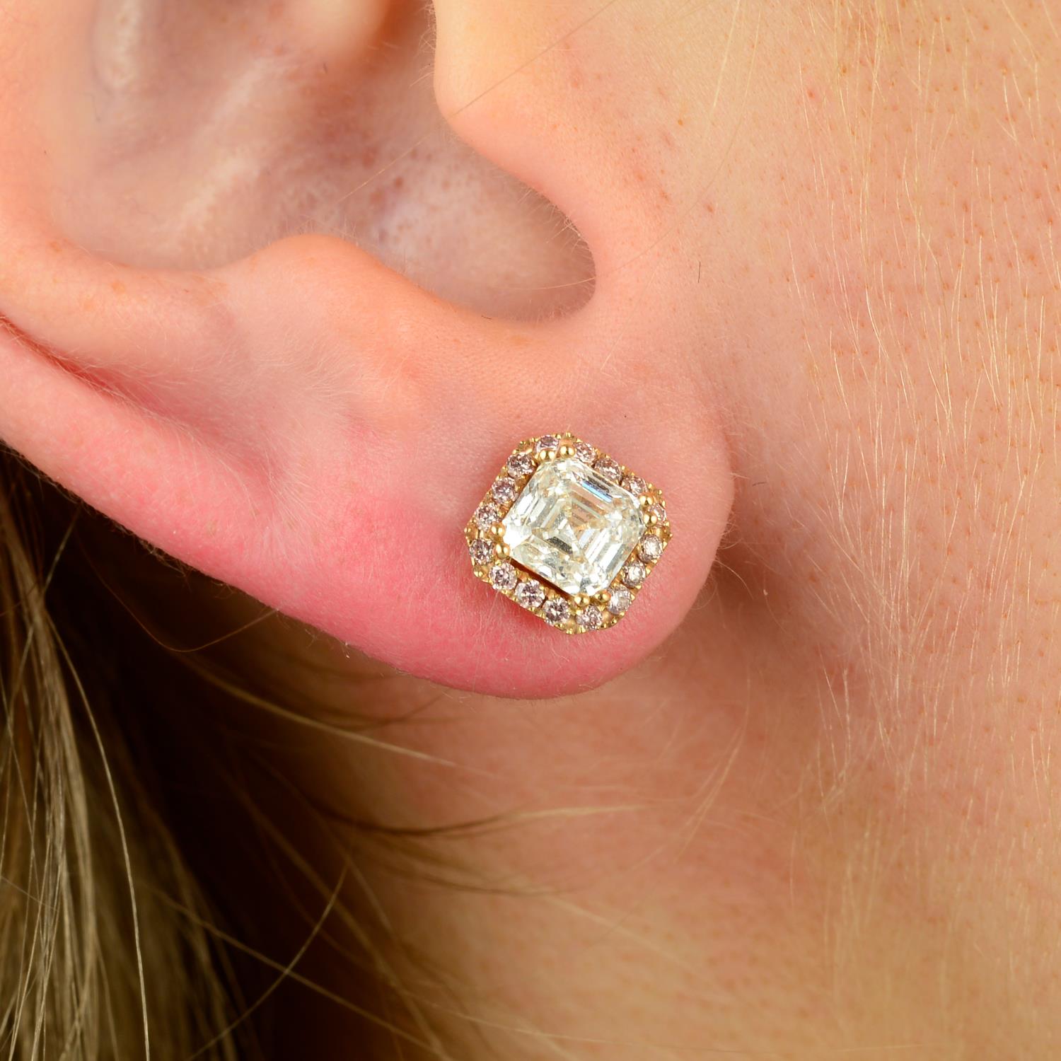 A pair of 18ct gold square-shape diamond and brilliant-cut 'pink' diamond cluster earrings.