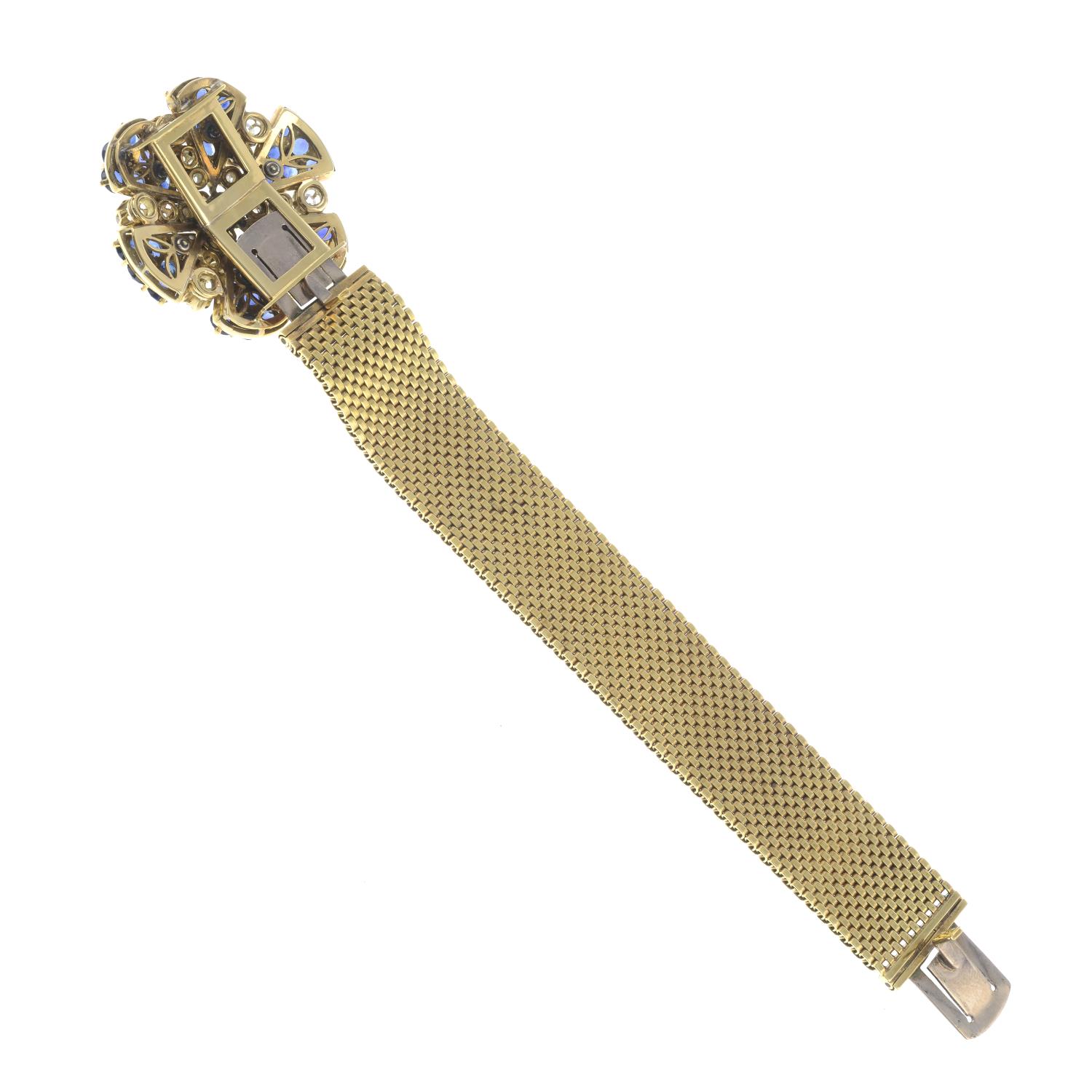 A mid 20th century old-cut diamond and sapphire floral bracelet.Central cluster detachable, - Image 3 of 4