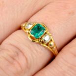 A late Victorian 9ct gold emerald and old-cut diamond dress ring.Emerald calculated weight 0.50ct,