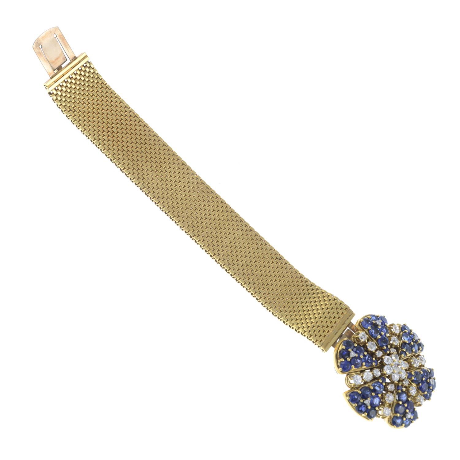 A mid 20th century old-cut diamond and sapphire floral bracelet.Central cluster detachable, - Image 4 of 4