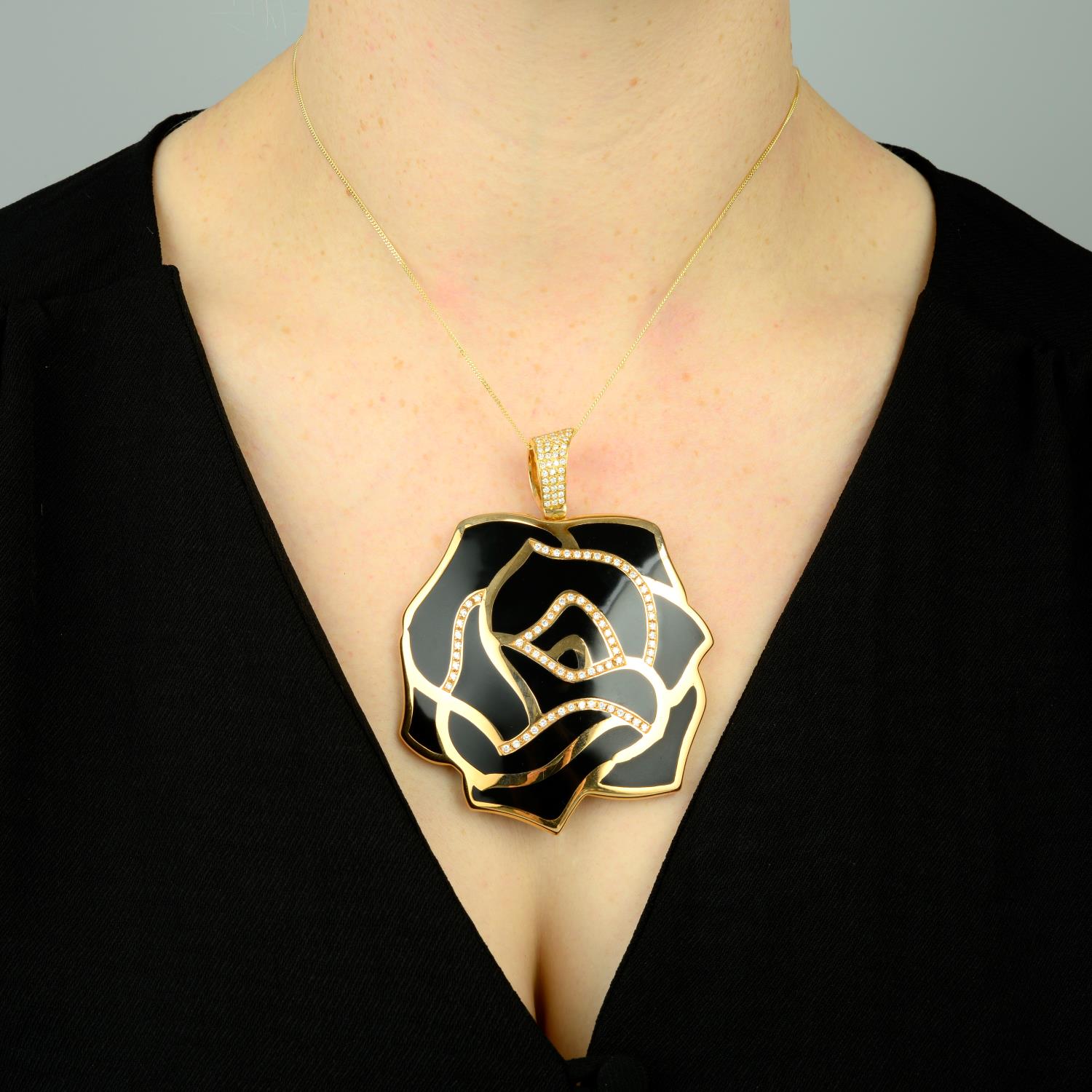 A large black enamel and pave-set diamond rose pendant, - Image 3 of 4