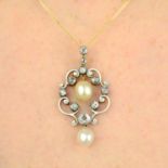 A late Victorian silver and gold, natural pearl, enamel and diamond pendant.