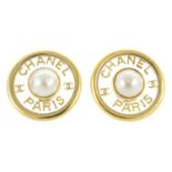 CHANEL - a pair of large vintage clip-on faux pearl earrings.