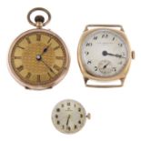 A group of two pocket watches, three watch heads and a watch movement.