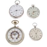 A group of four assorted pocket watches, to include three silver examples.