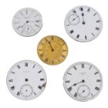 A group of five assorted pocket watch movements.