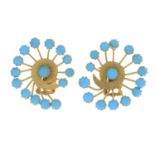 A pair of turquoise cabochon cluster earrings.With clip fittings for non pierced ears.Stamped 750.