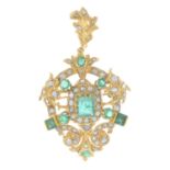 An emerald and rose-cut diamond pendant.May also be worn as a brooch.Principal emerald calculated