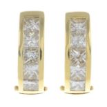 A pair of square-shape diamond hoop earrings.Estimated total diamond weight 2cts,