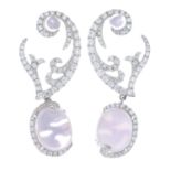 A pair of 18ct gold rose quartz cabochon and brilliant-cut diamond drop earrings.Signed Sarah Ho,