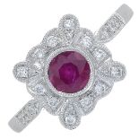 A ruby and brilliant-cut diamond dress ring.Ruby weight 0.60ct.Total diamond weight 0.15ct,