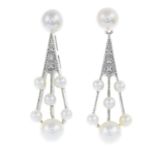 A pair of cultured pearl and brilliant-cut diamond earrings.