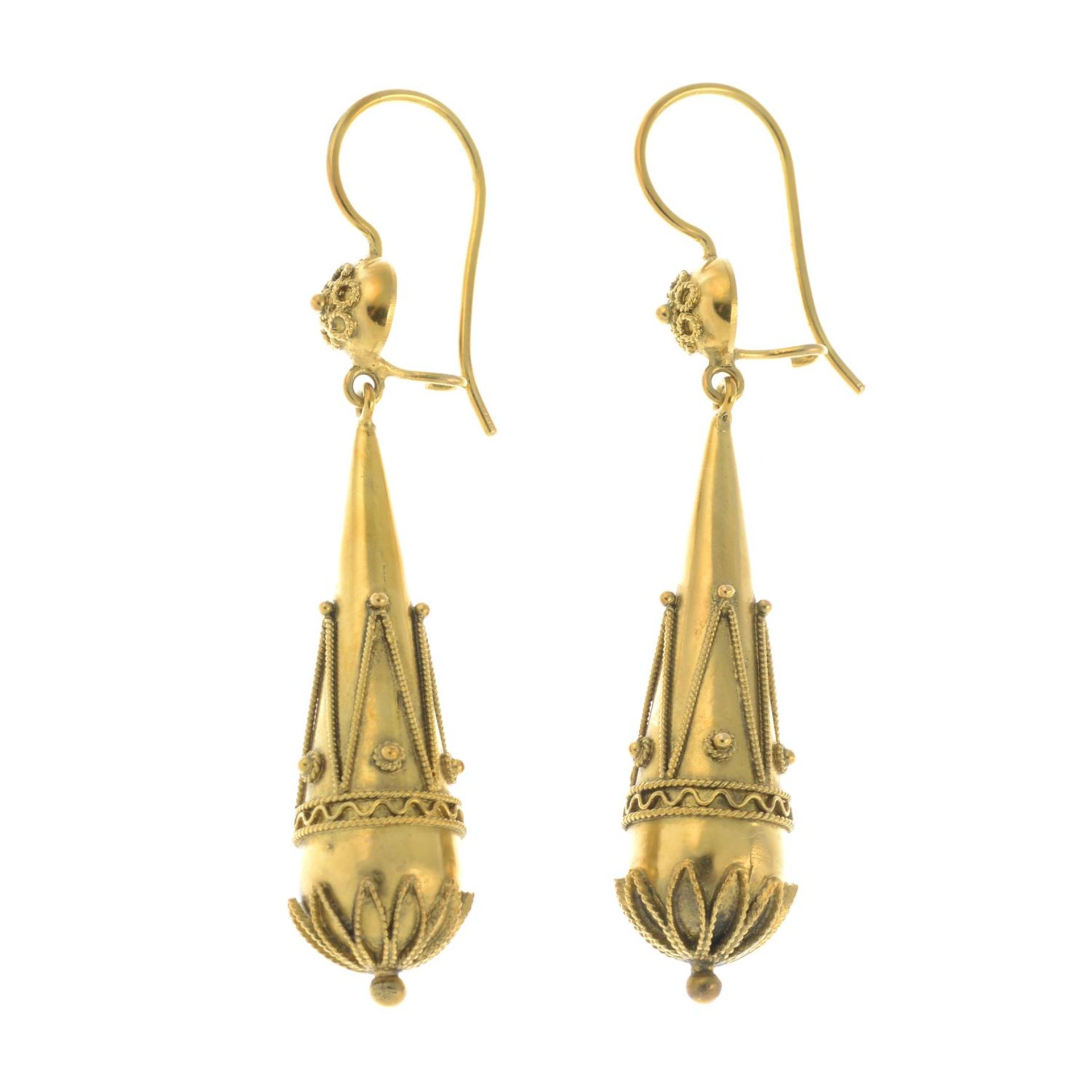 A pair of late Victorian gold cannetille drop earrings.Length 4.9cms. - Image 2 of 2