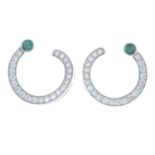 A pair of brilliant-cut diamond and emerald earrings.Estimated total diamond weight