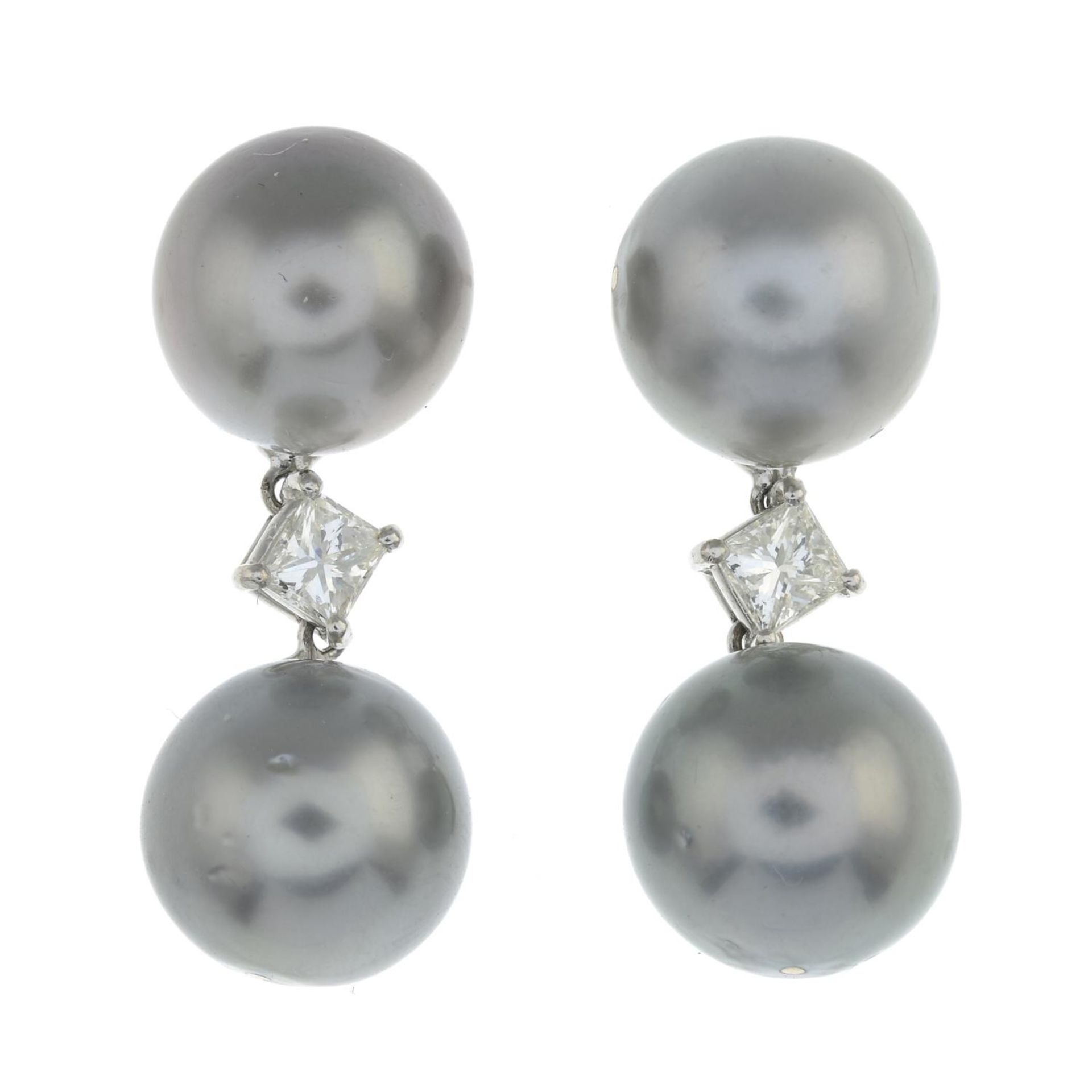 A pair of cultured pearl and square-cut diamond drop earrings.Approximate dimensions of one