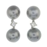 A pair of cultured pearl and square-cut diamond drop earrings.Approximate dimensions of one