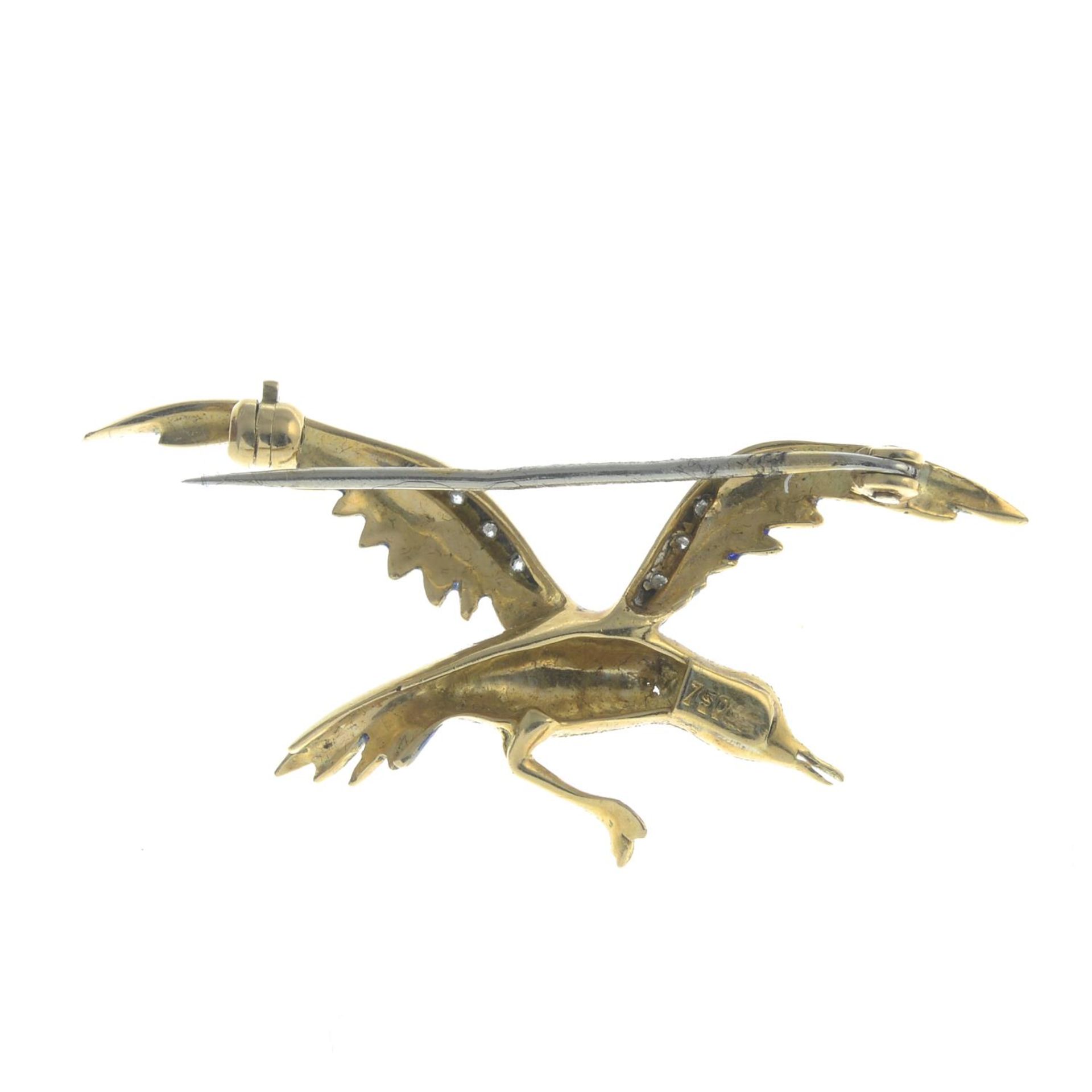 A single-cut diamond and enamel bird brooch.Stamped 9k.Length 1.9cms. - Image 2 of 2